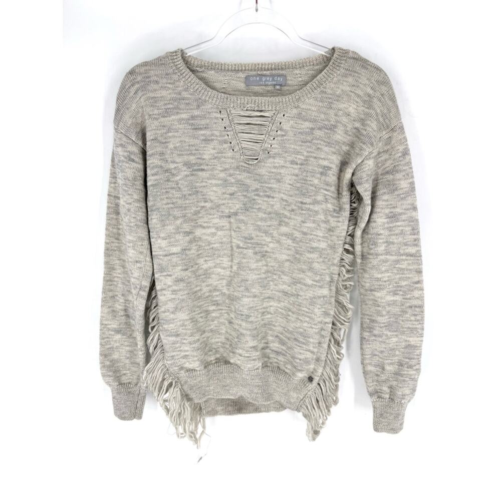 One Grey Day Women's Shredded Fringe Crewneck Sweater‎ Grey Marled Size Medium
